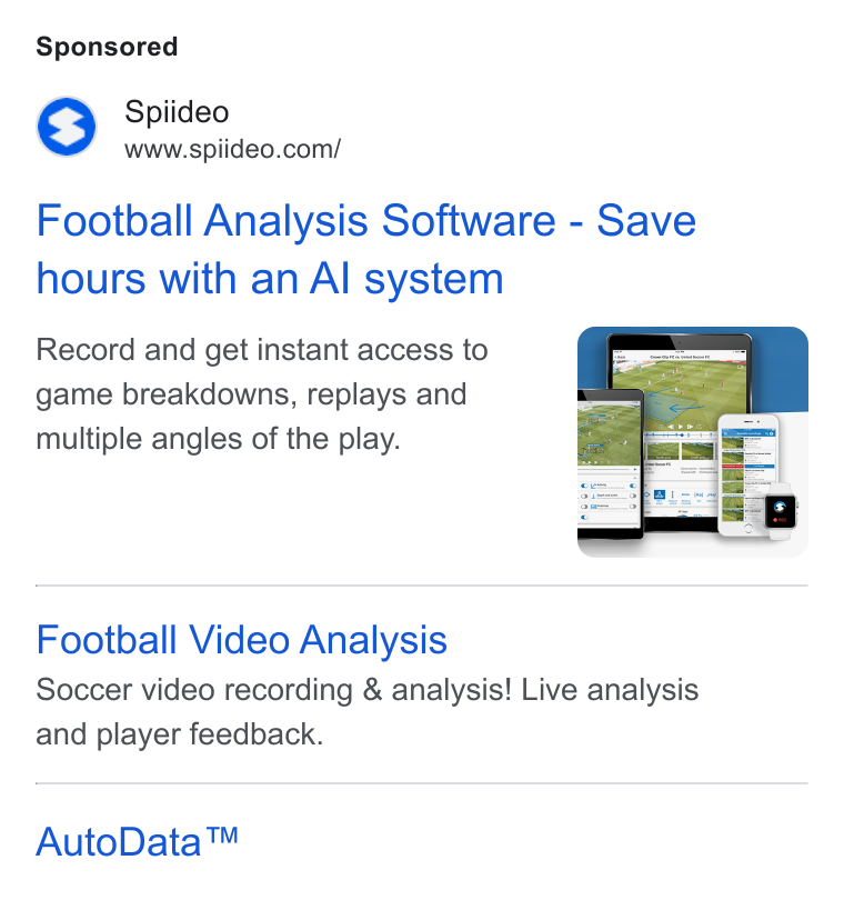 Spiideo ad on Google Ads: Football Analysis Software - Save hours with an Al system Record and get instant access to game breakdowns, replays and multiple angles of the play. Football Video Analysis Soccer video recording & analysis! Live analysis and player feedback. Auto Data™