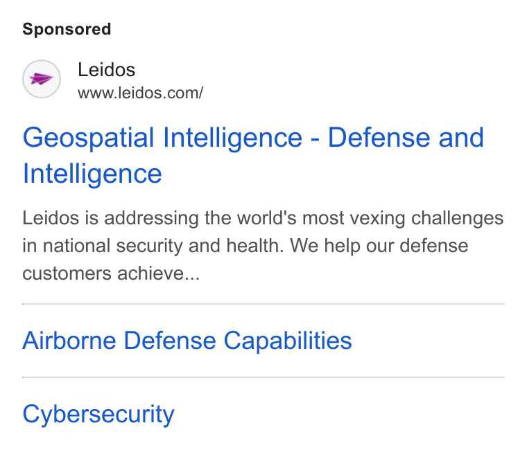 Leidos ad on Google Ads: Geospatial Intelligence - Defense and Intelligence Leidos is addressing the world's most vexing challenges in national security and health. We help our defense customers achieve... Airborne Defense Capabilities Cybersecurity