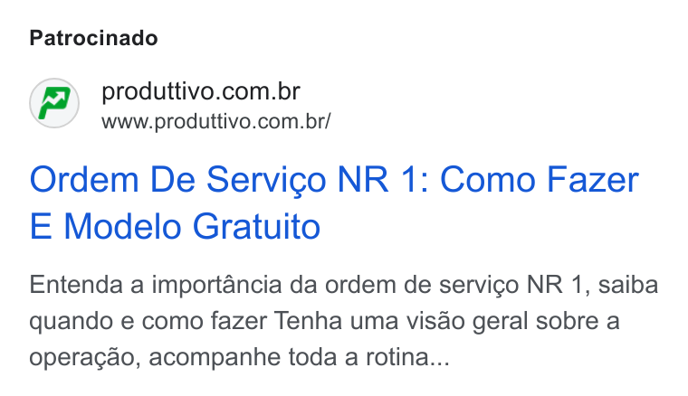 Produttivo ad on Google Ads: www.produttivo.com.br/ Ordem De Servico NR 1: Como Fazer E Modelo Gratuito Entenda a importancia da ordem de servigo NR 1, saiba quando e como fazer Tenha uma visao geral sobre a Operagao, acompanhe toda a rotina...
