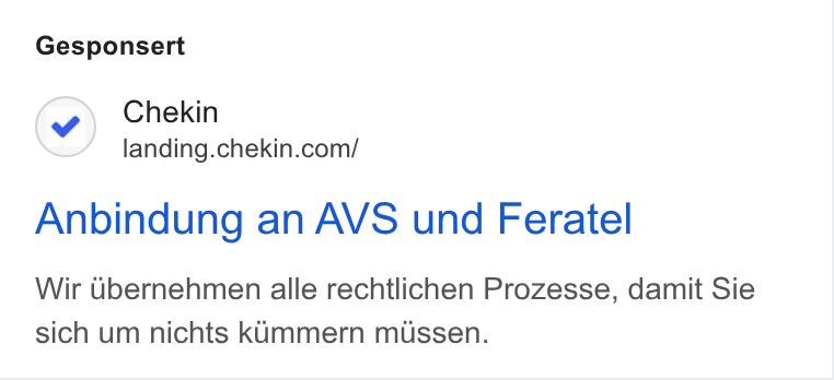 Chekin ad on Google Ads: Gesponsert Anbindung an AVS und Feratel Wir Ubernehmen alle rechtlichen Prozesse, damit Sie sich um nichts kummern mussen.