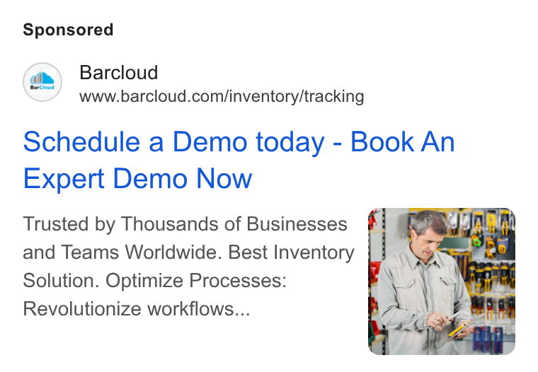 BarCloud ad on Google Ads: Schedule a Demo today - Book An Expert Demo Now Trusted by Thousands of Businesses [| and Teams Worldwide. Best Inventory f Solution. Optimize Processes: Revolutionize workflows...