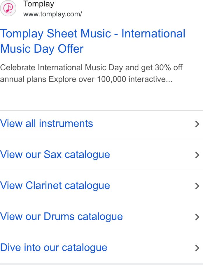 Tomplay ad on Google Ads: Tomplay Sheet Music - International Music Day Offer Celebrate International Music Day and get 30% off annual plans Explore over 100,000 interactive... View all instruments View our Sax catalogue View Clarinet catalogue View our Drums catalogue Dive into our catalogue