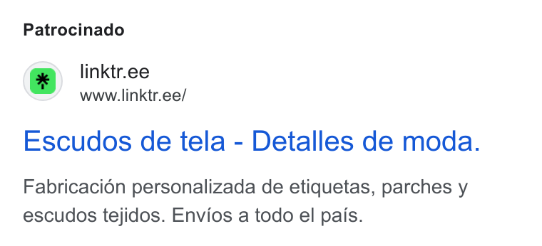 Linktree ad on Google Ads: www.linktr.ee/ Escudos de tela - Detalles de moda. Fabricacion personalizada de etiquetas, parches y escudos tejidos. Envios a todo el pais.