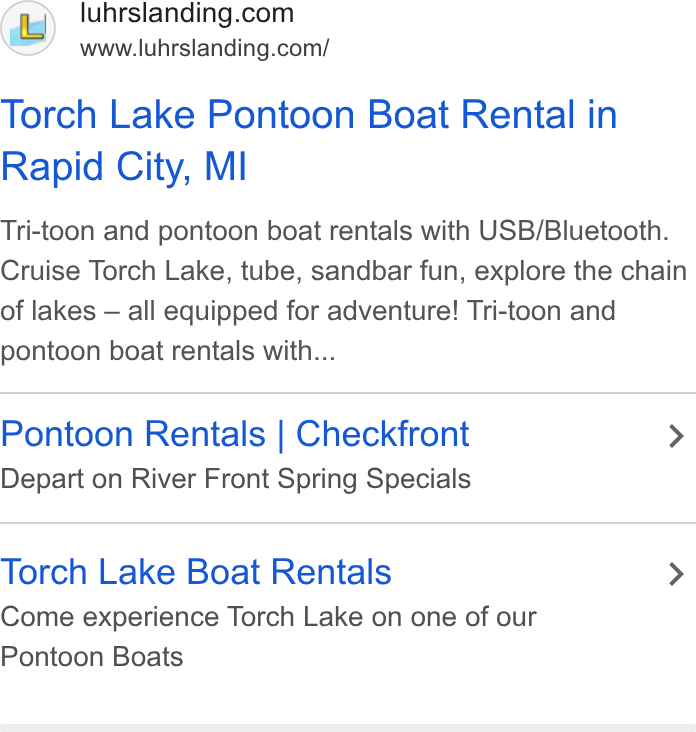 Checkfront ad on Google Ads: www.luhrslanding.com/ Torch Lake Pontoon Boat Rental in Rapid City, MI Tri-toon and pontoon boat rentals with USB/Bluetooth. Cruise Torch Lake, tube, sandbar fun, explore the chain of lakes — all equipped for adventure! Tri-toon and pontoon boat rentals with... Pontoon Rentals | Checkfront > Depart on River Front Spring Specials Torch Lake Boat Rentals > Come experience Torch Lake on one of our Pontoon Boats
