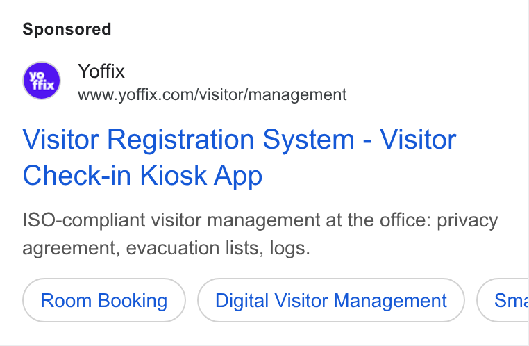 yoffix ad on Google Ads: Visitor Registration System - Visitor Check-in Kiosk App ISO-compliant visitor management at the office: privacy agreement, evacuation lists, logs. Room Booking Digital Visitor Management Sm