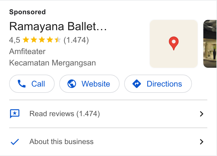 GlobalTix ad on Google Ads: Ramayana Ballet... 4,5 && kkk (1.474) 9 : Amfiteater Kecamatan Mergangsan Read reviews (1.474) > About this business >