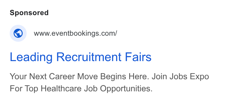 EventBookings ad on Google Ads: Leading Recruitment Fairs Your Next Career Move Begins Here. Join Jobs Expo For Top Healthcare Job Opportunities.
