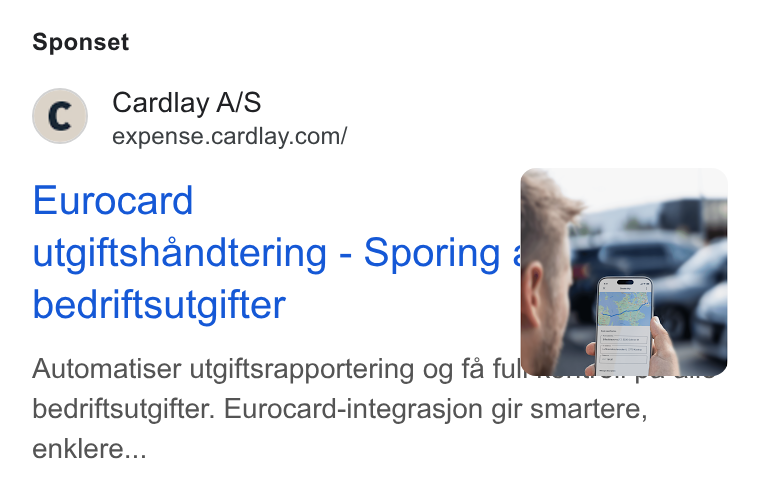 Cardlay ad on Google Ads: Sponset Eurocard utgiftshandtering - Sporing < bedriftsutgifter Automatiser utgiftsrapportering og fa ful bedriftsutgifter. Eurocard-integrasjon gir smartere, enklere...