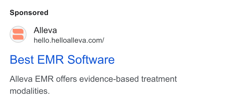 Alleva ad on Google Ads: Best EMR Software Alleva EMR offers evidence-based treatment modalities.