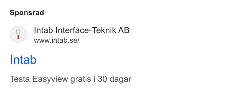 Upsales ad on Google Ads: Sponsrad Intab Testa Easyview gratis i 30 dagar