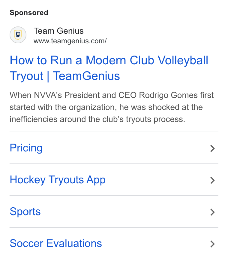 TeamGenius ad on Google Ads: How to Run a Modern Club Volleyball Tryout | Team Genius When NVVA's President and CEO Rodrigo Gomes first started with the organization, he was shocked at the inefficiencies around the club’s tryouts process. Pricing > Hockey Tryouts App > Sports > Soccer Evaluations >
