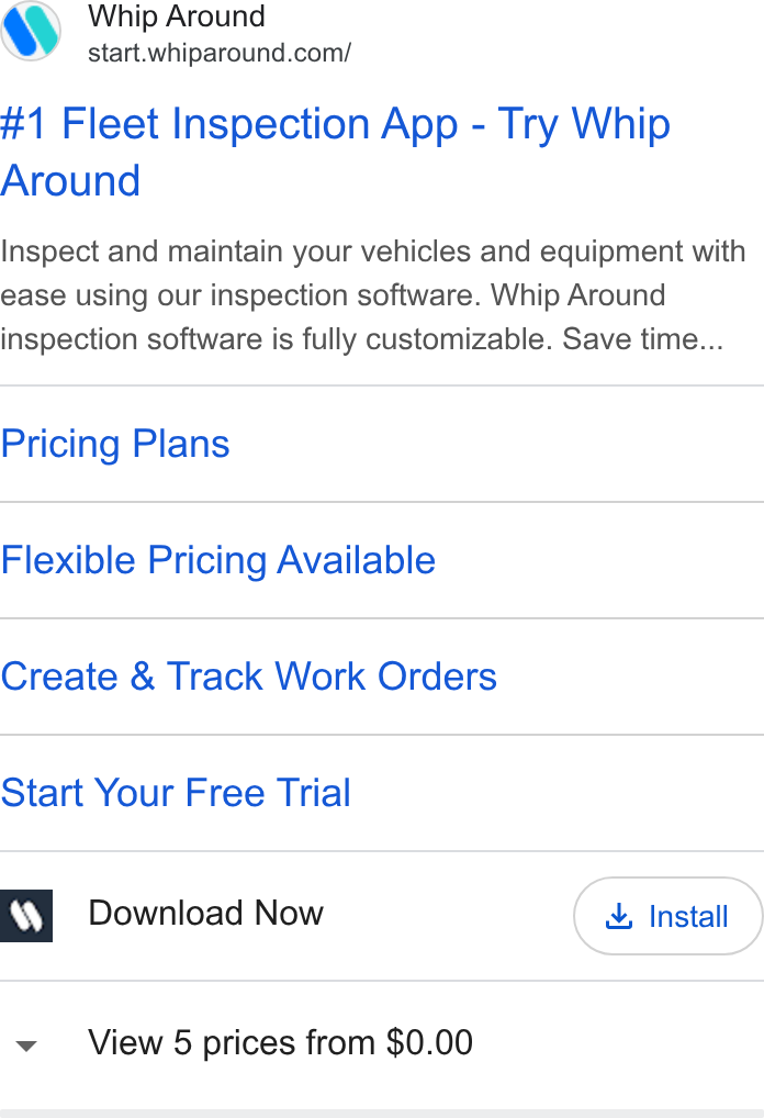 Whip Around ad on Google Ads: #1 Fleet Inspection App - Try Whip Around Inspect and maintain your vehicles and equipment with ease using our inspection software. Whip Around inspection software is fully customizable. Save time... Pricing Plans Flexible Pricing Available Create & Track Work Orders Start Your Free Trial w Download Now & Install View 5 prices from $0.00