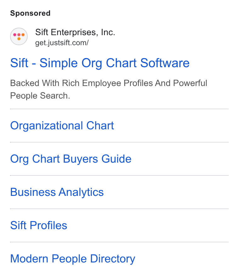 Sift ad on Google Ads: Sift - Simple Org Chart Software Backed With Rich Employee Profiles And Powerful People Search. Organizational Chart Org Chart Buyers Guide Business Analytics Sift Profiles Modern People Directory
