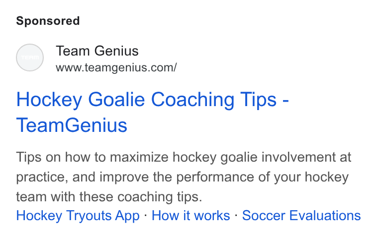 TeamGenius ad on Google Ads: Hockey Goalie Coaching Tips - Team Genius Tips on how to maximize hockey goalie involvement at practice, and improve the performance of your hockey team with these coaching tips. Hockey Tryouts App - How it works - Soccer Evaluations