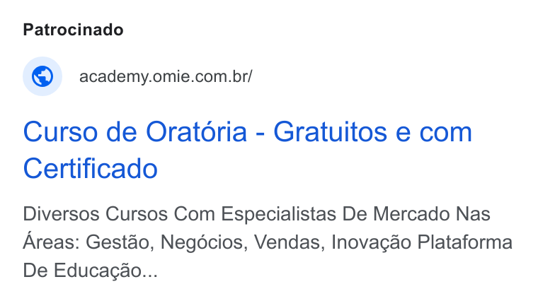 Omie ad on Google Ads: Curso de Oratoria - Gratuitos e com Certificado Diversos Cursos Com Especialistas De Mercado Nas Areas: Gestao, Negocios, Vendas, Inovacao Plataforma De Educagao...