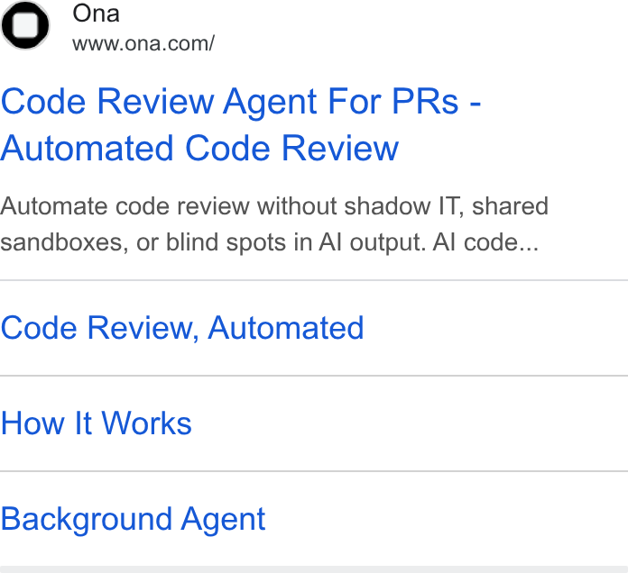 Ona ad on Google Ads: Code Review Agent For PRs - Automated Code Review Automate code review without shadow IT, shared sandboxes, or blind spots in Al output. Al code... Code Review, Automated How It Works Background Agent