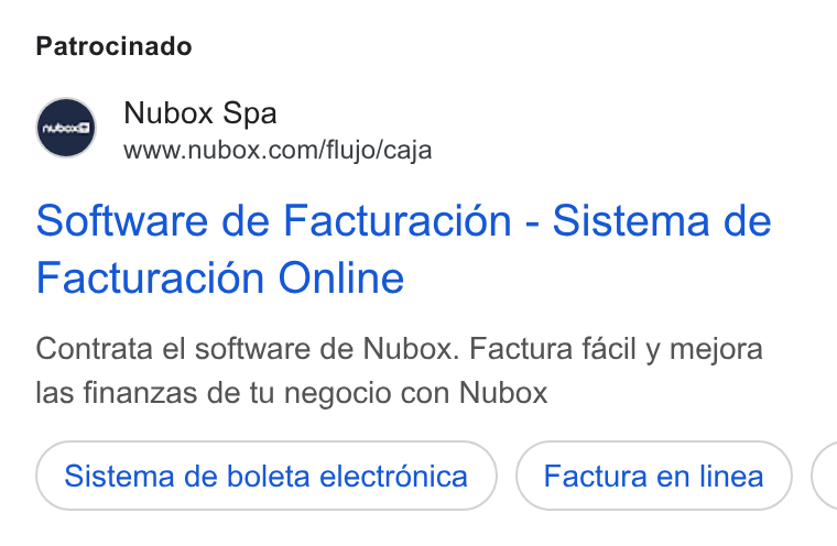 Nubox ad on Google Ads: Patrocinado ree Software de Facturacion - Sistema de Facturacién Online Contrata el software de Nubox. Factura facil y mejora las finanzas de tu negocio con Nubox Sistema de boleta electronica Factura en linea (