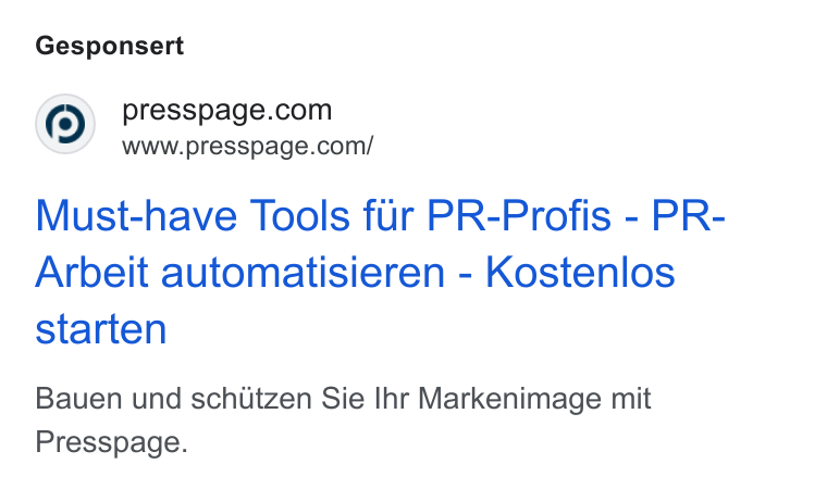 Presspage ad on Google Ads: www.presspage.com/ Must-have Tools fur PR-Profis - PR- Arbeit automatisieren - Kostenlos starten Bauen und schitzen Sie Ihr Markenimage mit Presspage.