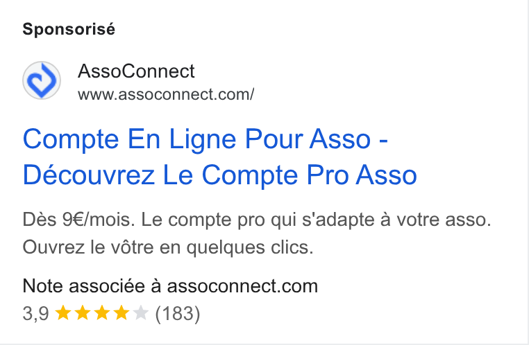 AssoConnect ad on Google Ads: Sponsorisé Compte En Ligne Pour Asso - Découvrez Le Compte Pro Asso Dés 9€/mois. Le compte pro qui s'adapte a votre asso. Ouvrez le vétre en quelques clics. Note associée a assoconnect.com