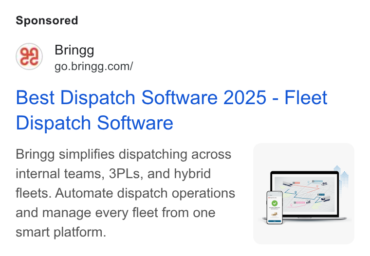 Bringg ad on Google Ads: Best Dispatch Software 2025 - Fleet Dispatch Software Bringg simplifies dispatching across internal teams, 3PLs, and hybrid fleets. Automate dispatch operations and manage every fleet from one smart platform.
