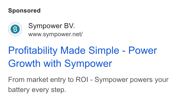 Sympower ad on Google Ads: Profitability Made Simple - Power Growth with Sympower From market entry to ROI - Sympower powers your battery every step.