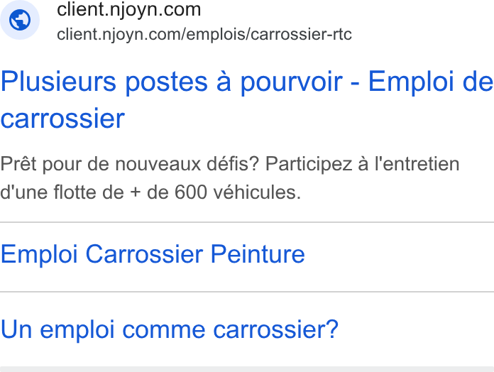 Njoyn ad on Google Ads: client.njoyn.com/emplois/carrossier-rtc Plusieurs postes a pourvoir - Emploi de carrossier Prét pour de nouveaux défis? Participez a l'entretien d'une flotte de + de 600 véhicules. Emploi Carrossier Peinture Un emploi comme carrossier?