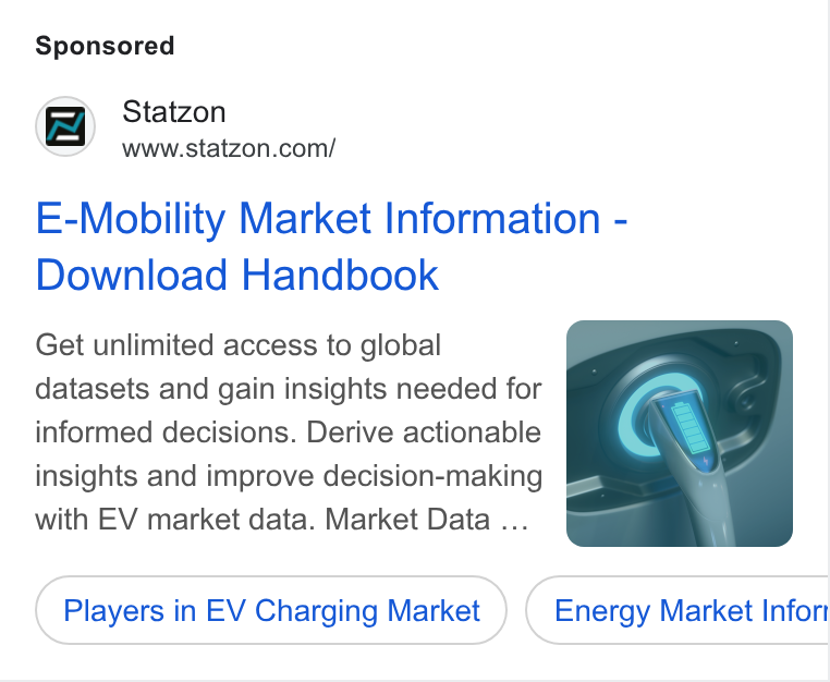 Statzon ad on Google Ads: E-Mobility Market Information - Download Handbook Get unlimited access to global datasets and gain insights needed for informed decisions. Derive actionable insights and improve decision-making with EV market data. Market Data ... Players in EV Charging Market Energy Market Infor Ce