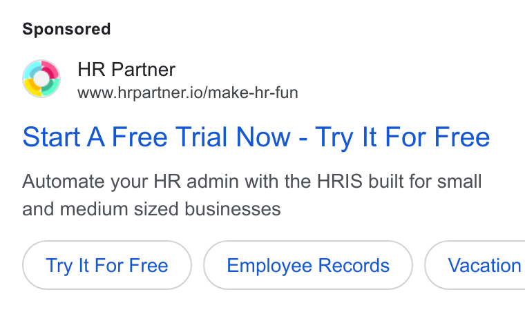 HR Partner ad on Google Ads: % HR Partner www.hrpartner.io/make-hr-fun Start A Free Trial Now - Try It For Free Automate your HR admin with the HRIS built for small and medium sized businesses Try It For Free Employee Records }( Vacation