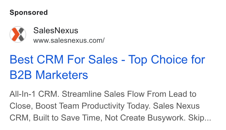 SalesNexus ad on Google Ads: Best CRM For Sales - Top Choice for B2B Marketers All-In-1 CRM. Streamline Sales Flow From Lead to Close, Boost Team Productivity Today. Sales Nexus CRM, Built to Save Time, Not Create Busywork. Skip...
