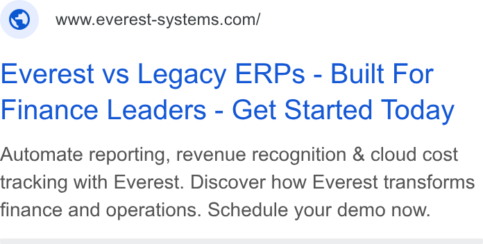 The F Suite ad on Google Ads: Everest vs Legacy ERPs - Built For Finance Leaders - Get Started Today Automate reporting, revenue recognition & cloud cost tracking with Everest. Discover how Everest transforms finance and operations. Schedule your demo now.