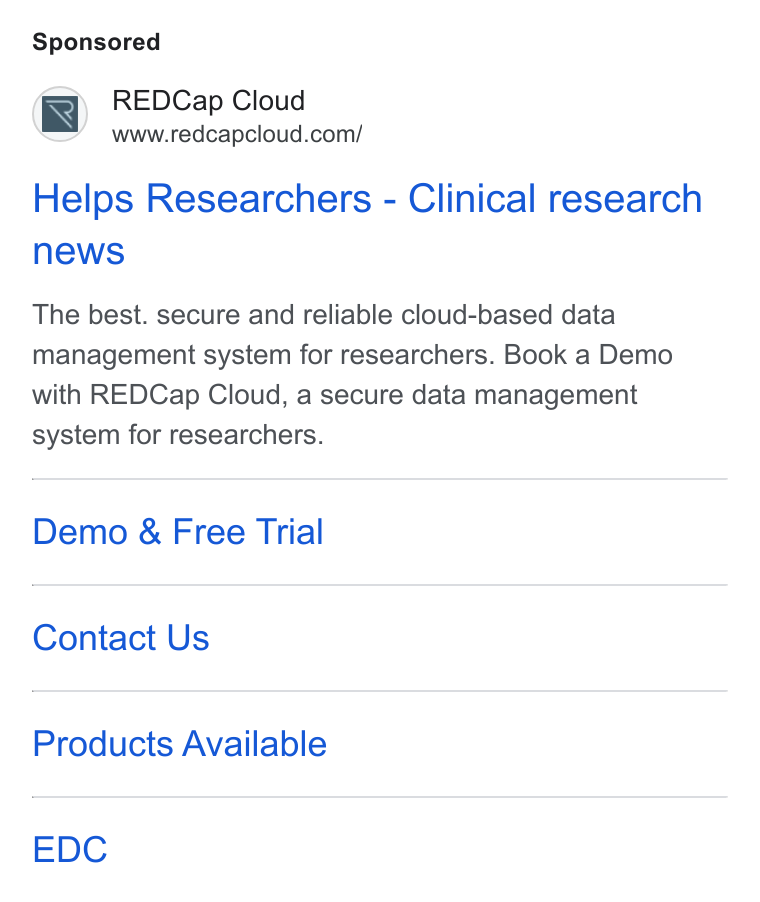 REDCap Cloud ad on Google Ads: Helps Researchers - Clinical research news The best. secure and reliable cloud-based data management system for researchers. Book a Demo with REDCap Cloud, a secure data management system for researchers. Demo & Free Trial Contact Us Products Available EDC