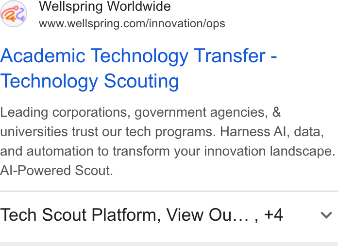 Wellspring Worldwide ad on Google Ads: Academic Technology Transfer - Technology Scouting Leading corporations, government agencies, & universities trust our tech programs. Harness Al, data, and automation to transform your innovation landscape. Al-Powered Scout. Tech Scout Platform, View Ou... , +4 Vv