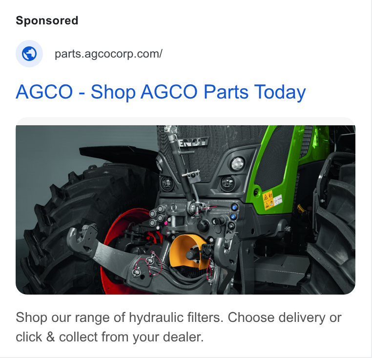 AGCO ad on Google Ads: AGCO - Shop AGCO Parts Today Shop our range of hydraulic filters. Choose delivery or click & collect from your dealer.