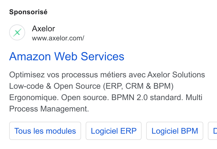 Axelor ad on Google Ads: Sponsorisé Amazon Web Services Optimisez vos processus métiers avec Axelor Solutions Low-code & Open Source (ERP, CRM & BPM) Ergonomique. Open source. BPMN 2.0 standard. Multi Process Management. Tous les modules | | Logiciel ERP | | Logiciel BPM E