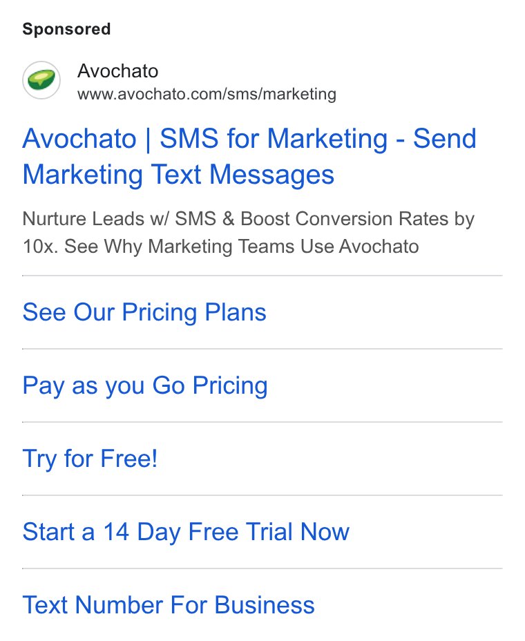 Avochato ad on Google Ads: Avochato | SMS for Marketing - Send Marketing Text Messages Nurture Leads w/ SMS & Boost Conversion Rates by 10x. See Why Marketing Teams Use Avochato See Our Pricing Plans Pay as you Go Pricing Try for Free! Start a 14 Day Free Trial Now Text Number For Business