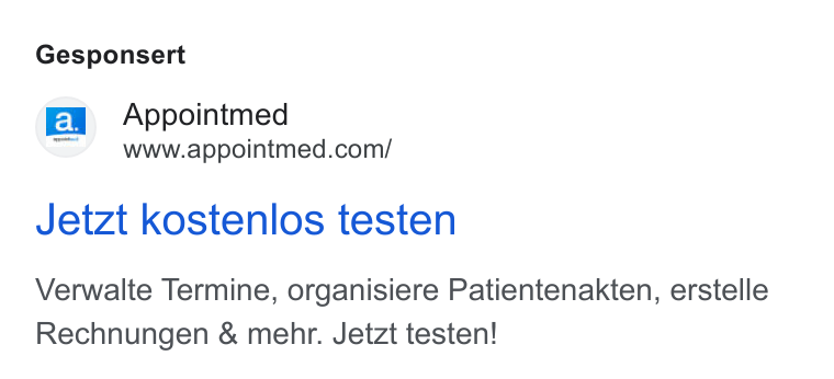 appointmed ad on Google Ads: Gesponsert Jetzt kostenlos testen Verwalte Termine, organisiere Patientenakten, erstelle Rechnungen & mehr. Jetzt testen!