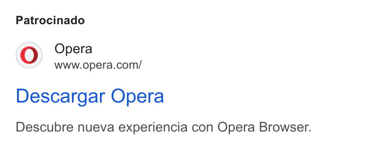 Opera ad on Google Ads: Patrocinado Descargar Opera Descubre nueva experiencia con Opera Browser.