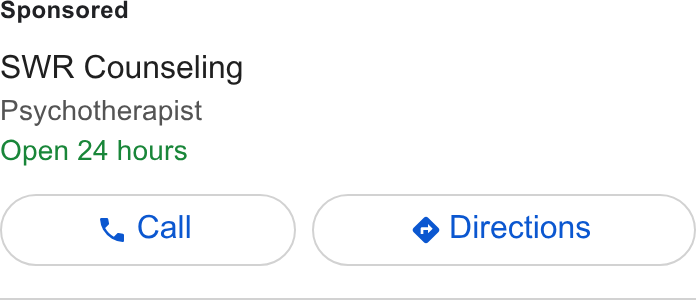 Grow Therapy ad on Google Ads: SWR Counseling Psychotherapist Open 24 hours