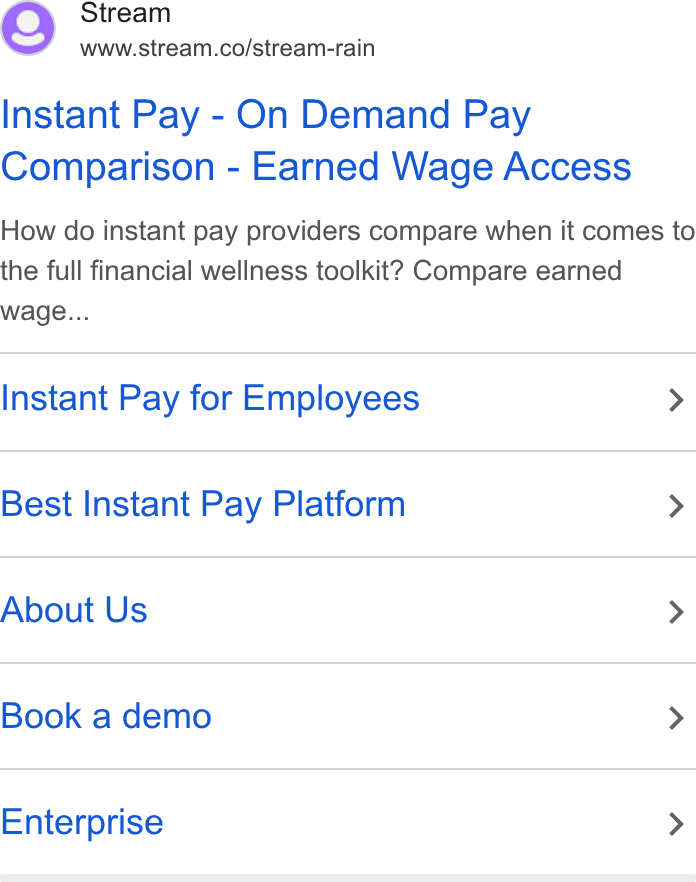 Stream ad on Google Ads: Instant Pay - On Demand Pay Comparison - Earned Wage Access How do instant pay providers compare when it comes to the full financial wellness toolkit? Compare earned wage... Instant Pay for Employees > Best Instant Pay Platform > About Us > Book a demo > Enterprise >