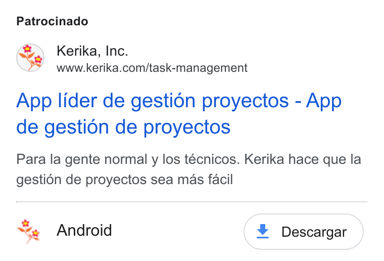 Kerika ad on Google Ads: Patrocinado App lider de gestion proyectos - App de gestion de proyectos Para la gente normal y los técnicos. Kerika hace que la gestién de proyectos sea mas facil