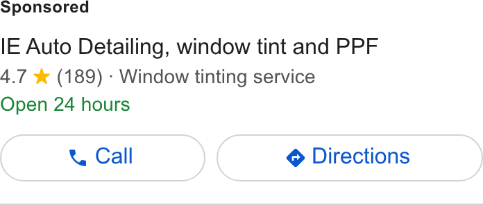 PocketSuite ad on Google Ads: IE Auto Detailing, window tint and PPF 4.7 * (189) - Window tinting service Open 24 hours