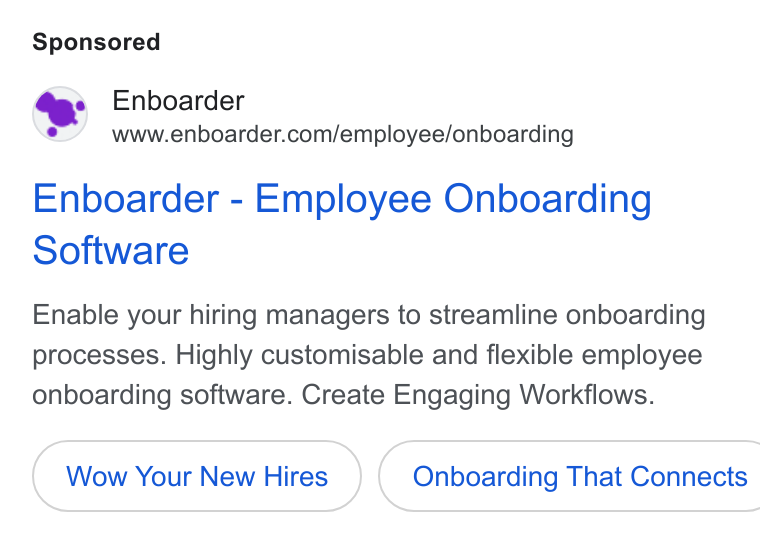 Enboarder ad on Google Ads: Enboarder - Employee Onboarding Software Enable your hiring managers to streamline onboarding processes. Highly customisable and flexible employee onboarding software. Create Engaging Workflows. Wow Your New Hires } ( Onboarding That Connects