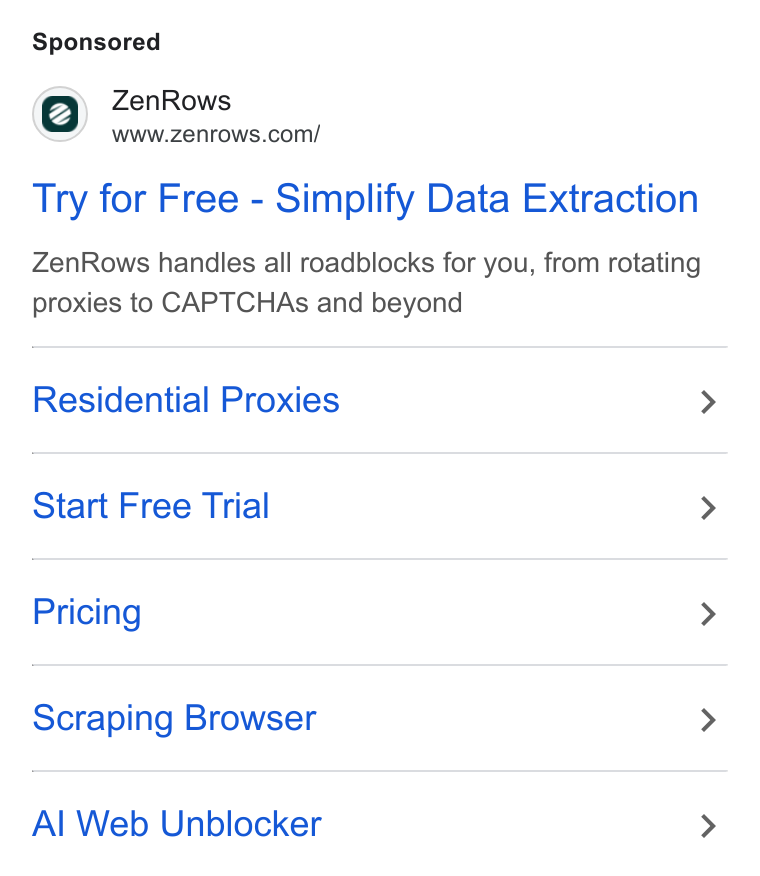 ZenRows ad on Google Ads: Try for Free - Simplify Data Extraction Zen Rows handles all roadblocks for you, from rotating proxies to CAPTCHAs and beyond Residential Proxies Start Free Trial Pricing Scraping Browser > Al Web Unblocker >