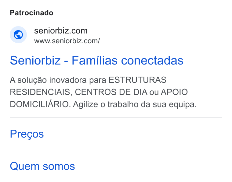 YouCanBookMe ad on Google Ads: www.seniorbiz.com/ Seniorbiz - Familias conectadas A solugao inovadora para ESTRUTURAS RESIDENCIAIS, CENTROS DE DIA ou APOIO DOMICILIARIO. Agilize o trabalho da sua equipa. Precgos Quem somos