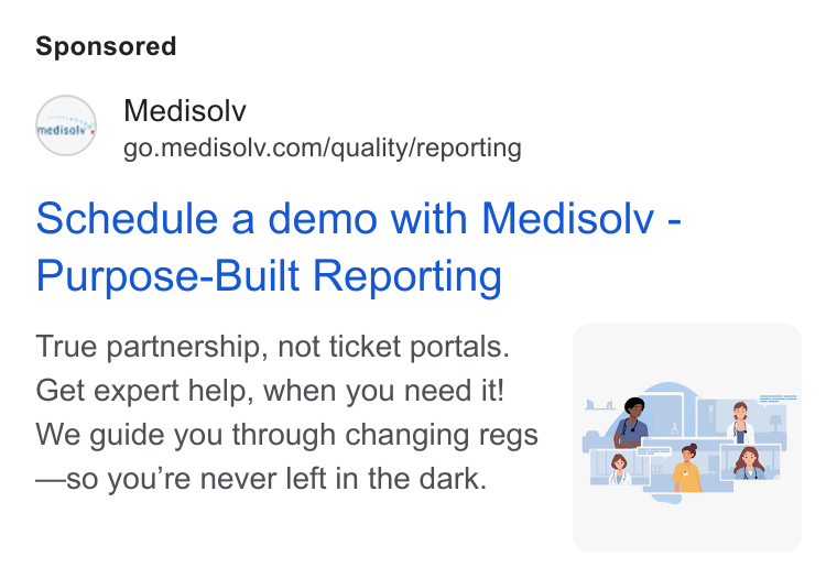 Medisolv ad on Google Ads: Schedule a demo with Medisolv - Purpose-Built Reporting True partnership, not ticket portals. Get expert help, when you need it! We guide you through changing regs —so you're never left in the dark.