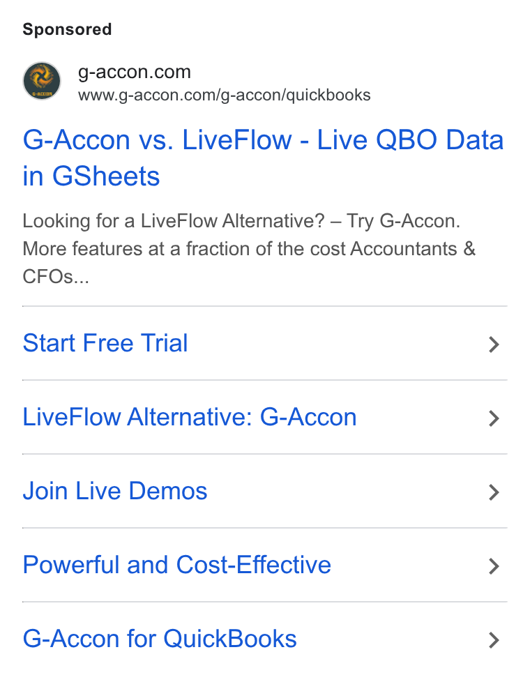 G-Accon ad on Google Ads: www.g-accon.com/g-accon/quickbooks G-Accon vs. Live Flow - Live QBO Data in GSheets Looking for a Live Flow Alternative? — Try G-Accon. More features at a fraction of the cost Accountants & CFOs... Start Free Trial > Live Flow Alternative: G-Accon > Join Live Demos > Powerful and Cost-Effective > G-Accon for Quick Books >