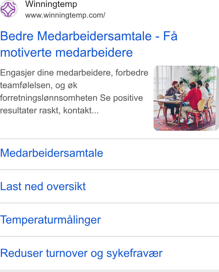 Winningtemp ad on Google Ads: Bedre Medarbeidersamtale - Fa motiverte medarbeidere teamfglelsen, og ak forretningsiannsomheten Se positive resultater raskt, kontakt... Medarbeidersamtale Last ned oversikt Temperaturmalinger Reduser turnover og sykefraveer