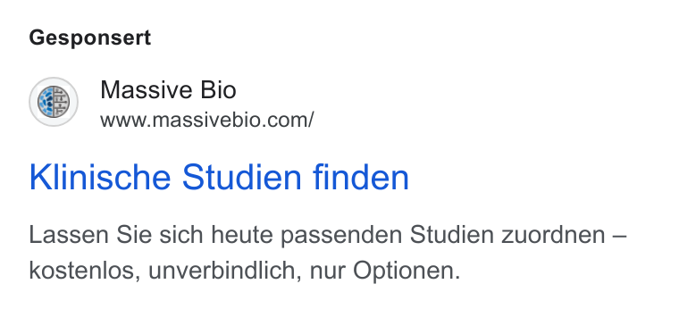 Massive Bio ad on Google Ads: Gesponsert Klinische Studien finden Lassen Sie sich heute passenden Studien zuordnen — kostenlos, unverbindlich, nur Optionen.