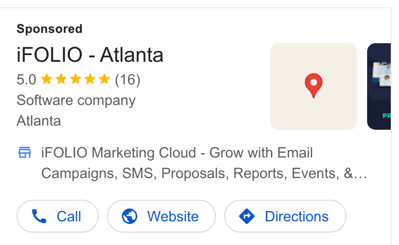 iFOLIO Marketing Cloud ad on Google Ads: i IFOLIO - Atlanta Software company Atlanta f i FOLIO Marketing Cloud - Grow with Email Campaigns, SMS, Proposals, Reports, Events, &...