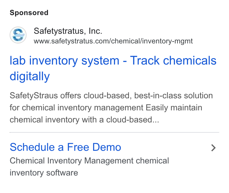 SafetyStratus ad on Google Ads: lab inventory system - Track chemicals digitally Safety Straus offers cloud-based, best-in-class solution for chemical inventory management Easily maintain chemical inventory with a cloud-based... Schedule a Free Demo > Chemical Inventory Management chemical inventory software